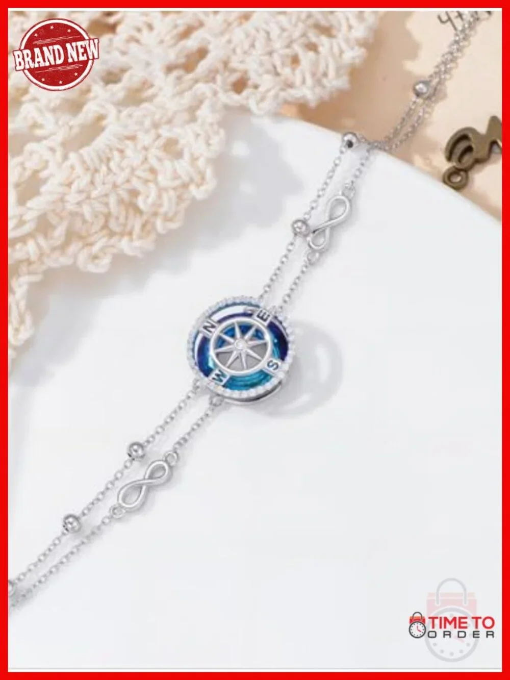 925 Sterling Silver Compass Bracelet for Women Ocean Wave Anklet Summer